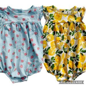 Lot of 2 Baby Girl One Piece Romper Bodysuits 6-12 Months Old Navy Blue Yellow